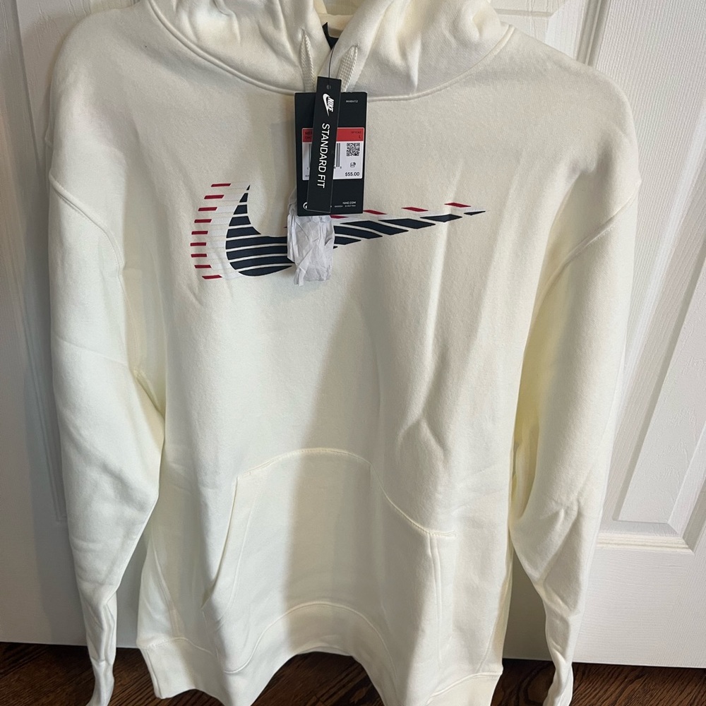 Nike Men’s Hoodie. NWT. Off white with black/red accents. Size Large.